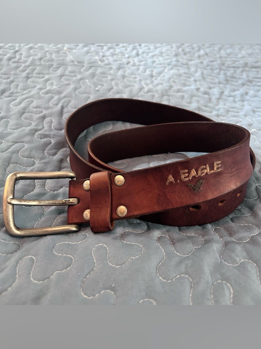 Y2K American Eagle Brown Leather Belt Men’s 44 Silver Buckle A.Eagle Embroidered